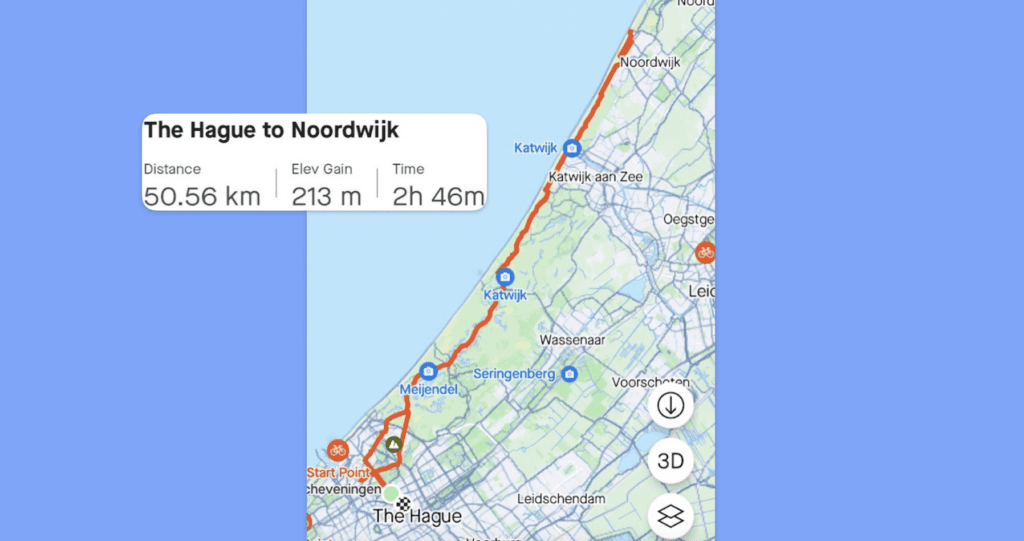 Map - bike trip from The Hague to Noordwijk, Netherlands