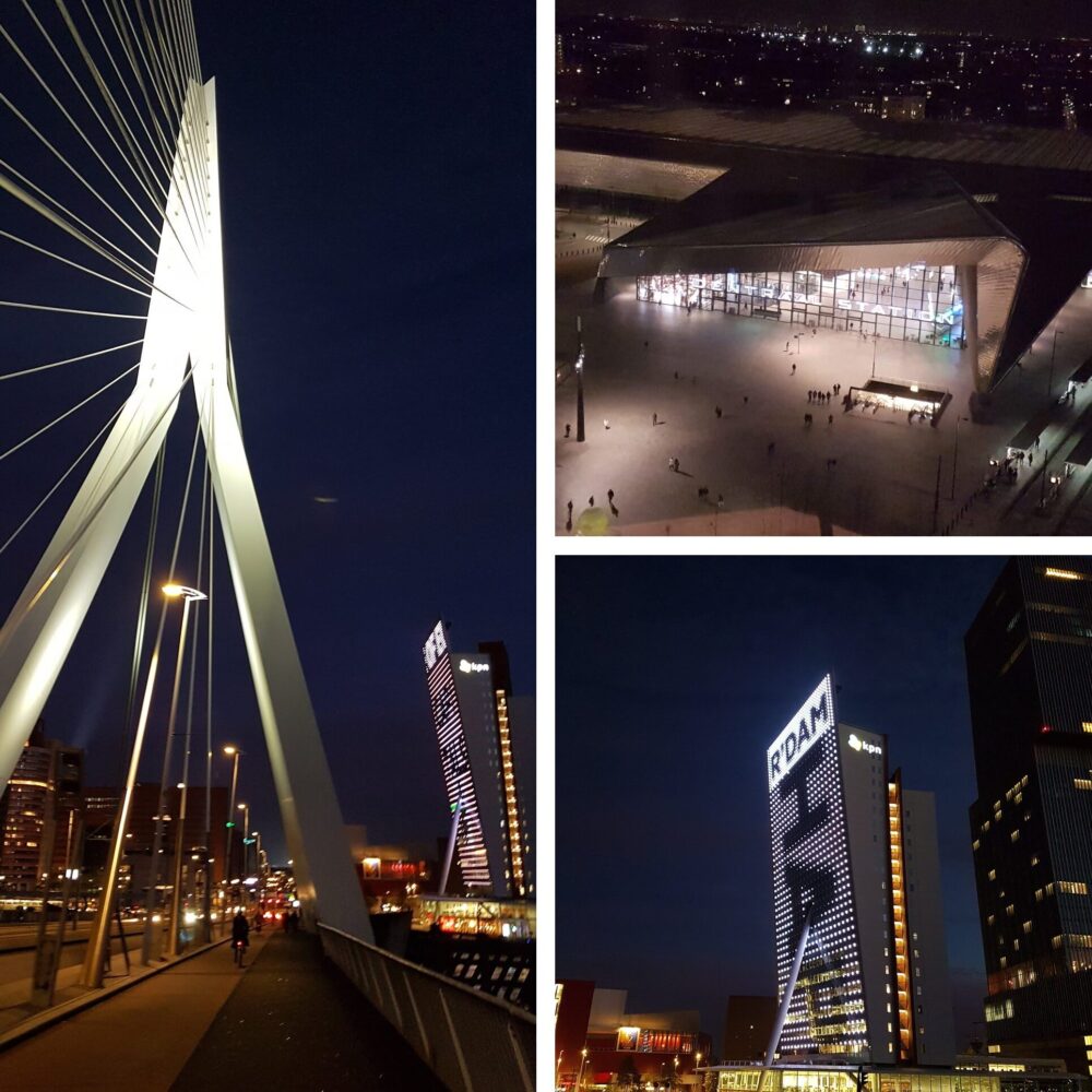 Rotterdam at night, Erasmus Bridge, Rotterdam Central Station, KPN tower