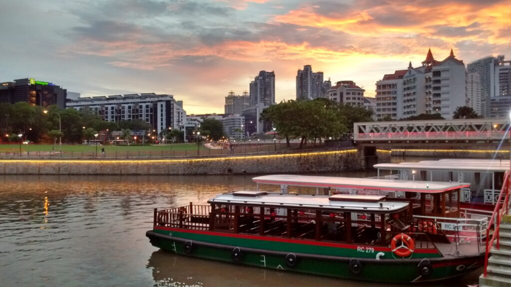Boat dock at Clarke Quay at sunset, Singapore