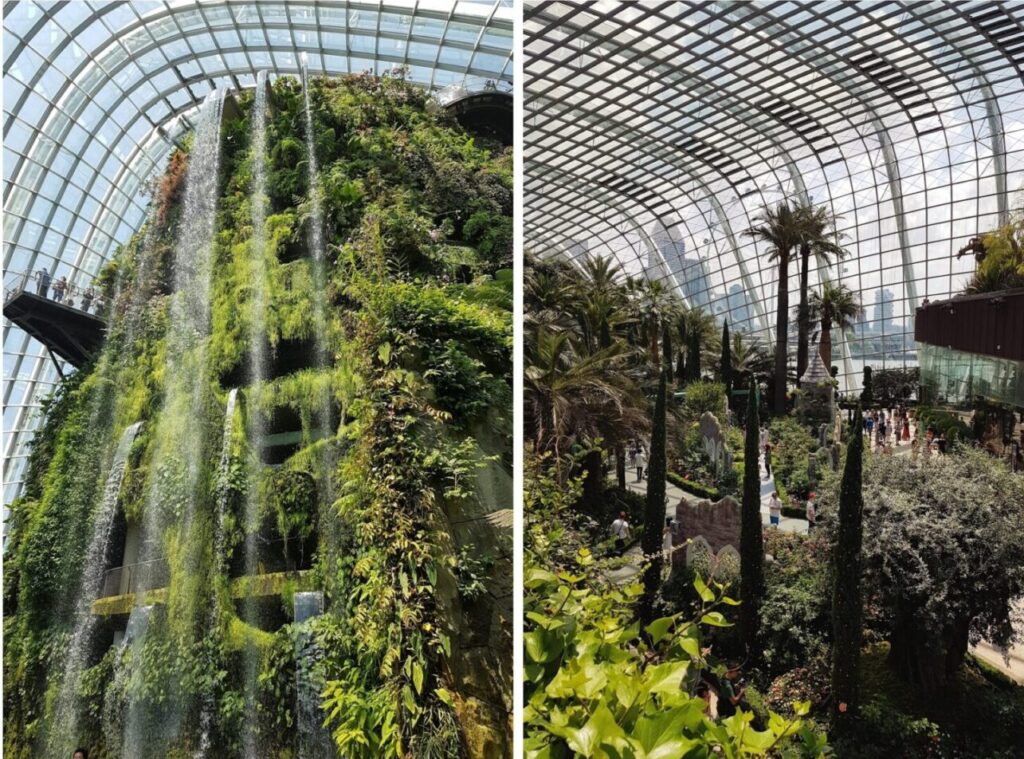 The majestic Cloud Forest Waterfall and Flower Dome at Singapore's Gardens by the Bay