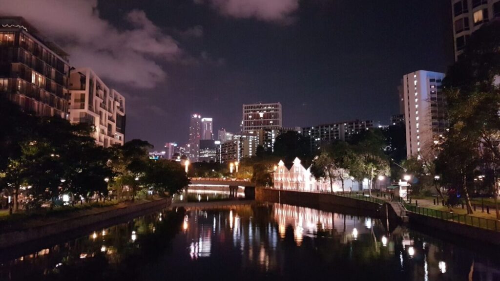 A view down the Singapore River at night near Clarke Quay