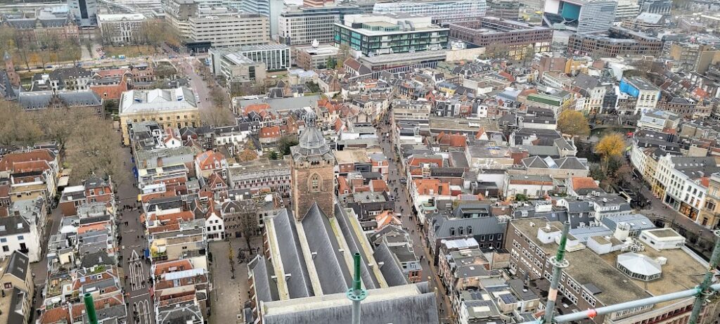 View from Utrecht's iconic Dom Tower undergoing extensive exterior restoration from 2019  to 2024, the third such major overhaul in its 700 years.