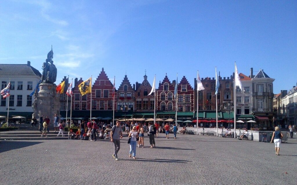 A view across the Grote Markt square in Bruges, Belgium