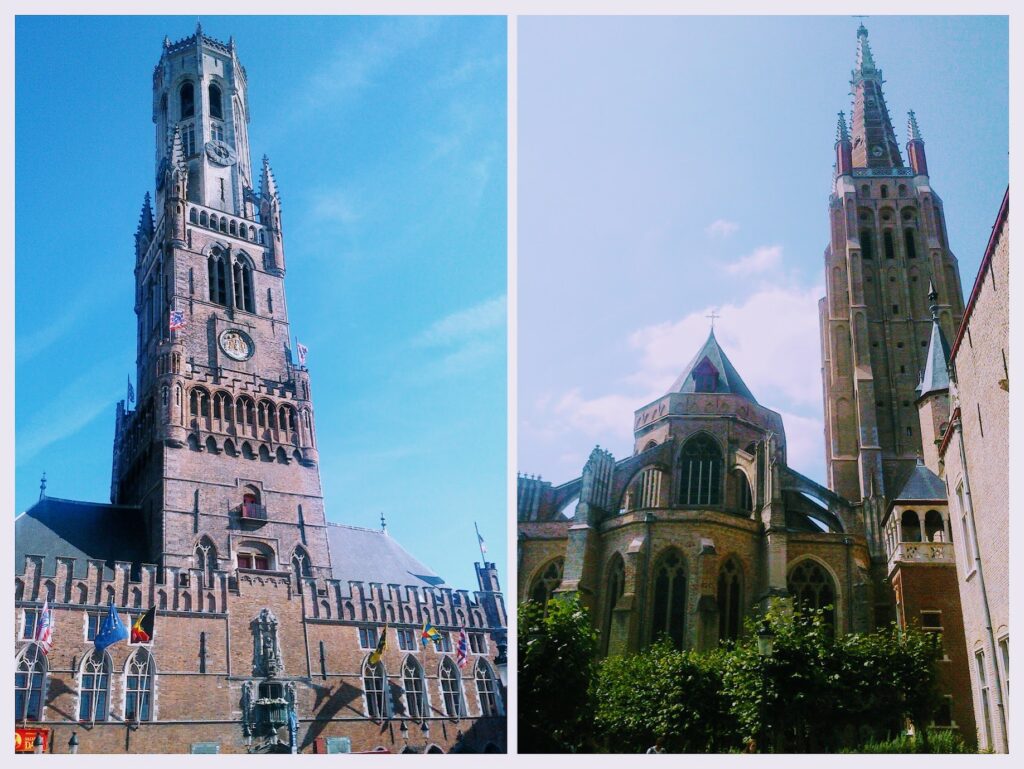 Bruges' towering Belfry left and Church of Our Lady right