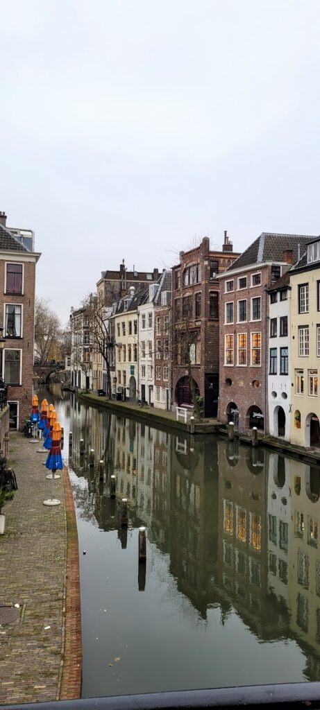 Canal houses and wharfs along a quiet section of canal in Utrecht