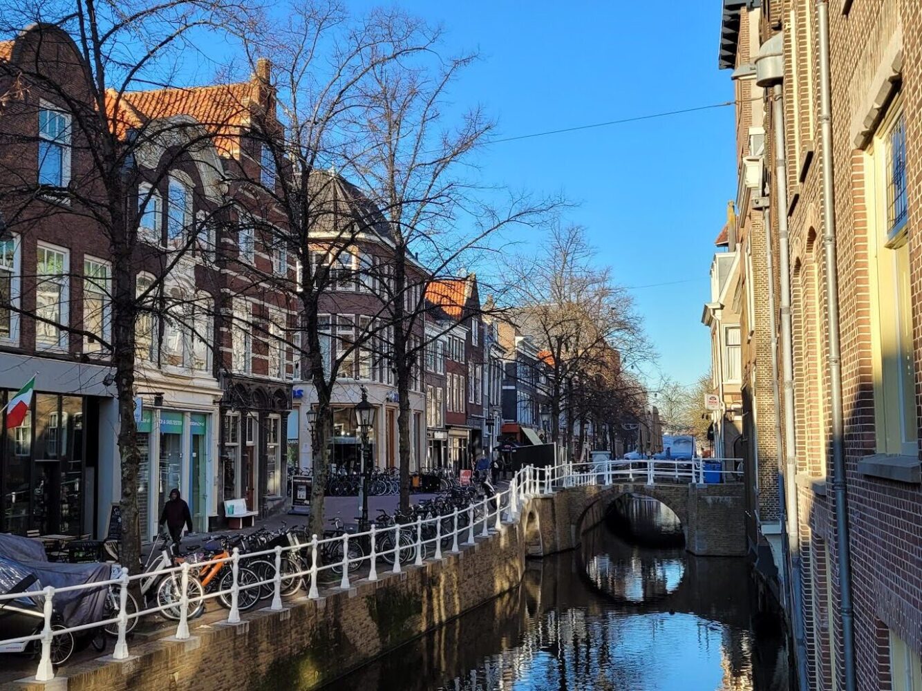 17th-century facades of Delft's city centre buildings around its historic Markt Square