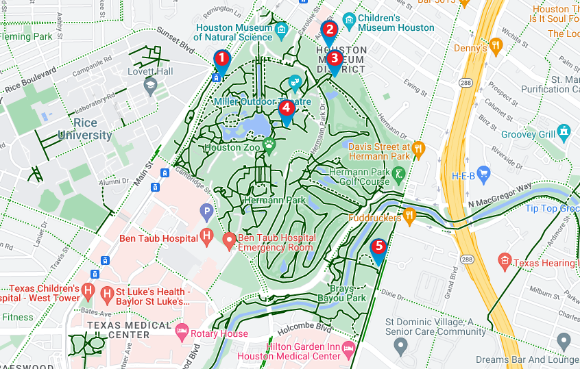 Map of Museum District and Hermann Park Bike Rental stations, Houston, Texas