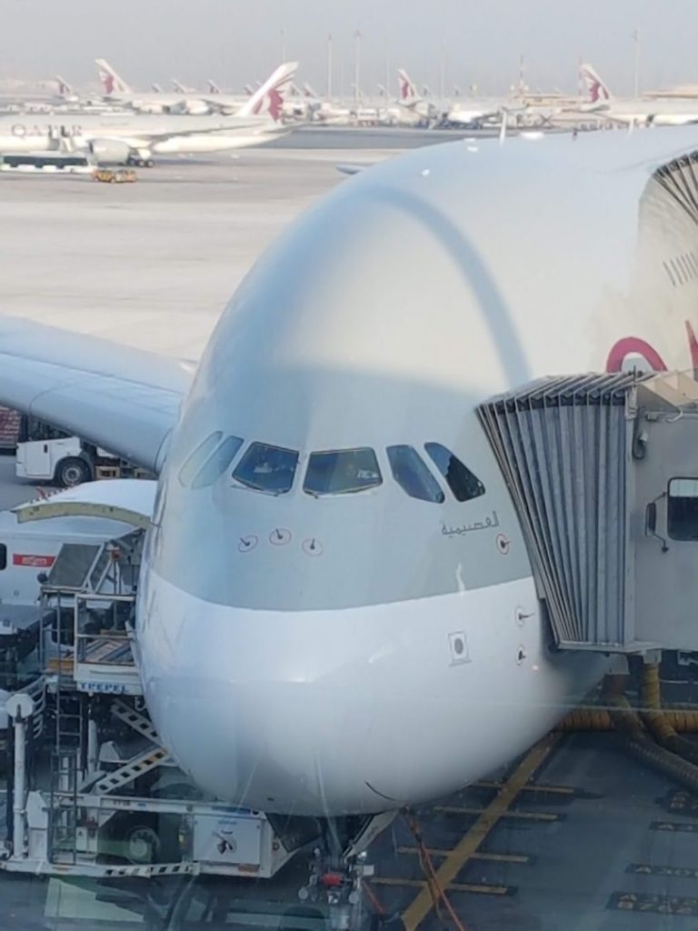 The Qatar A380 upon arrival in Doha from London | Photo ©️ travellifebalance.com