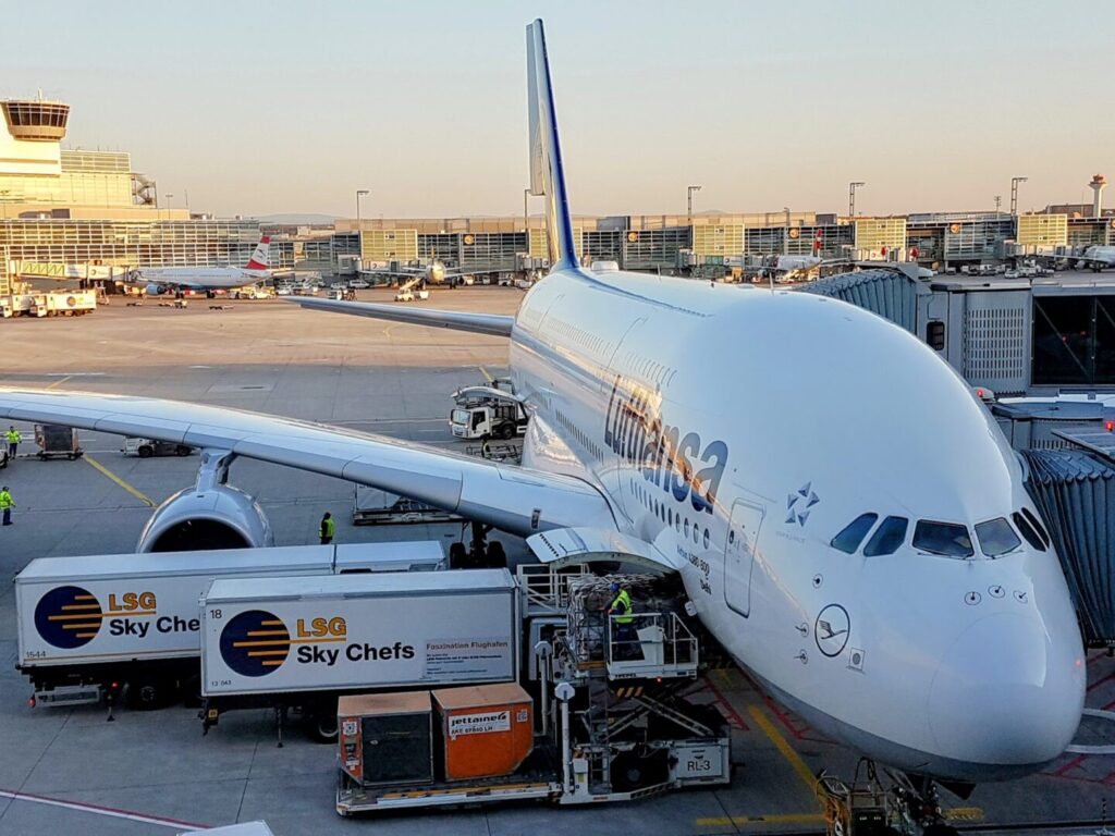 Lufthansa A380 Super-Jumbo parked at the gate in Frankfurt