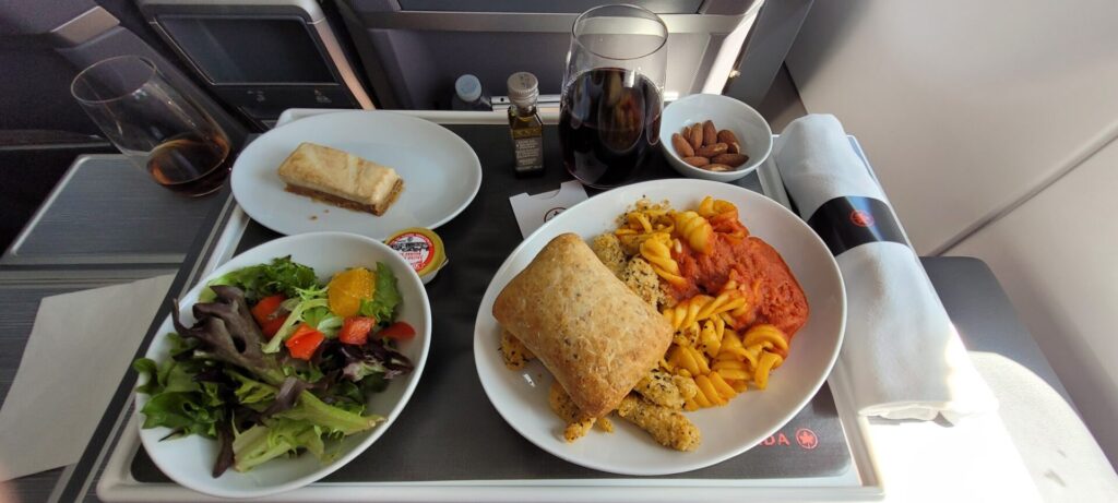 Photo of my dinner selection of pasta in Air Canada Domestic Business class