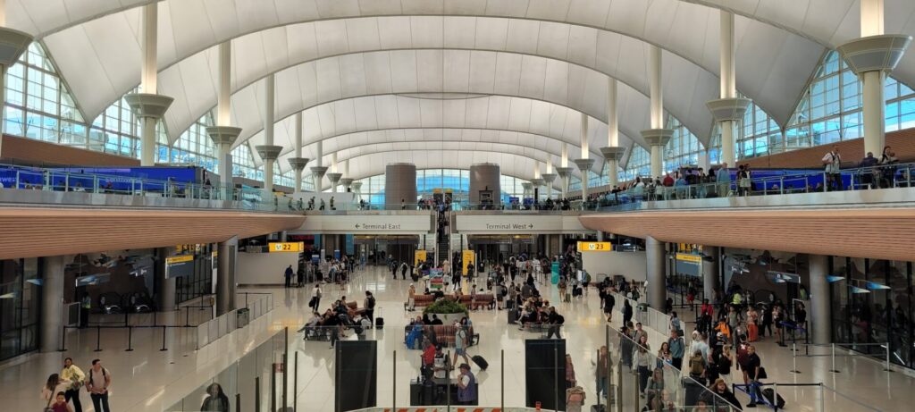 Pictured, Terminal T in Denver International Airport. Denver's new United Club Lounge in Denver International Airport is located adjacent in Terminal B.