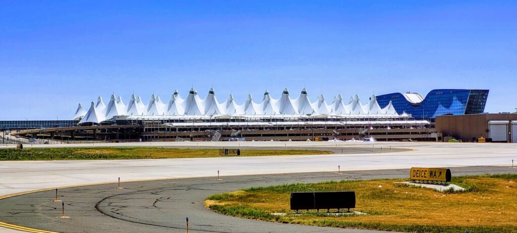 Picture of Denver's Jeppesen Terminal with the iconic tent shaped roof.