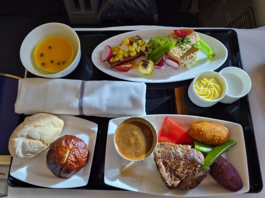meal on my ANA flight to Tokyo - beef fillet steak with mustard sauce.